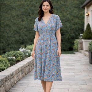 LOFT Blue Floral Midi Dress Size 10 | Flutter Sleeve V-Neck Summer Dress